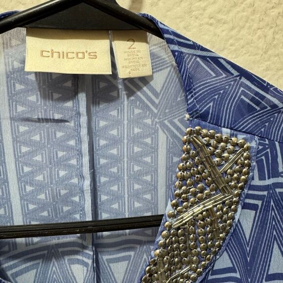 Chico's Petite Blue Mixed Print Silver Sequin Embellished Tunic Top - Picture 6 of 9